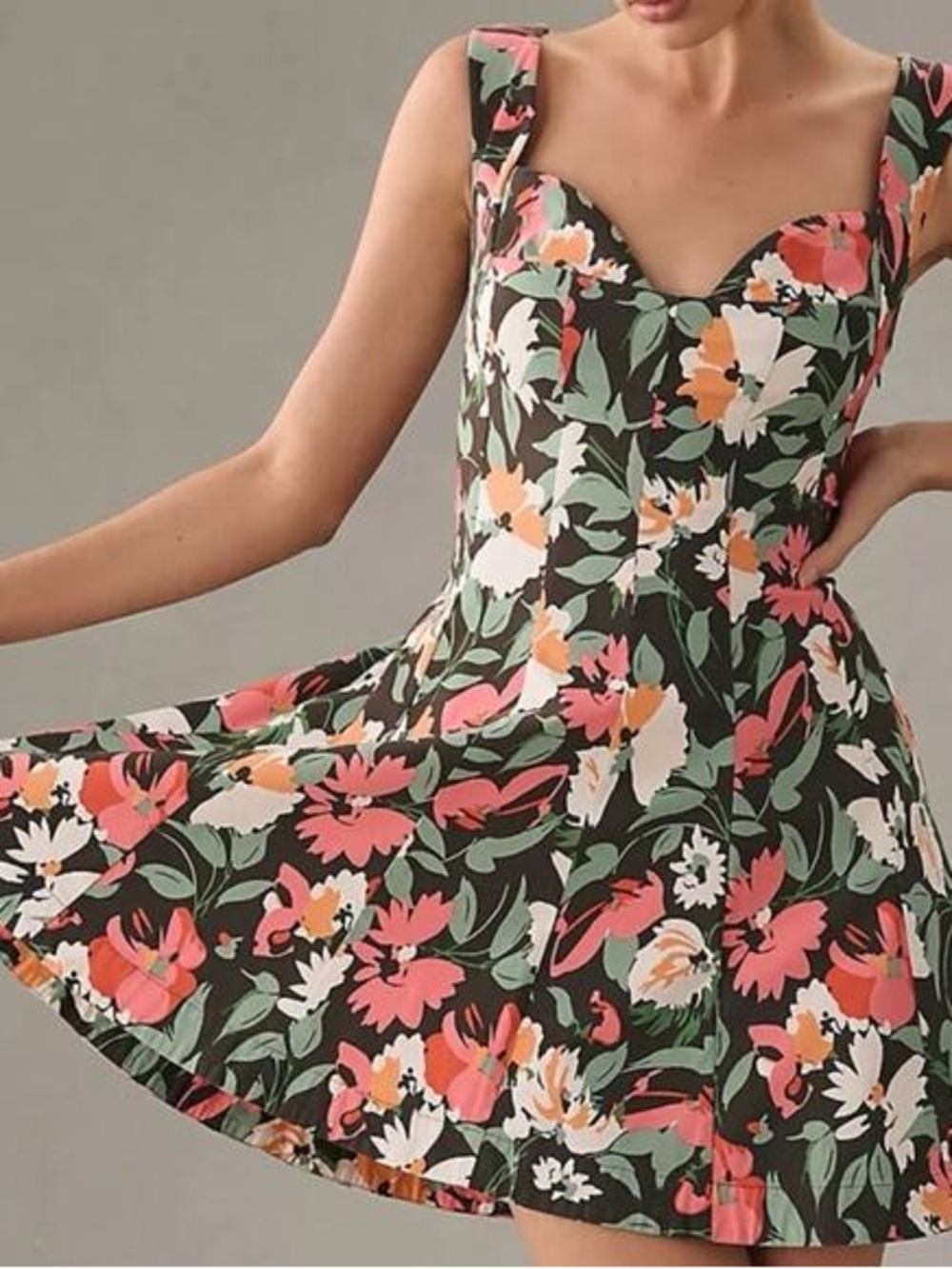 Anthropologie Olive Floral Sweetheart Mini Dress with Coral and White Blooms